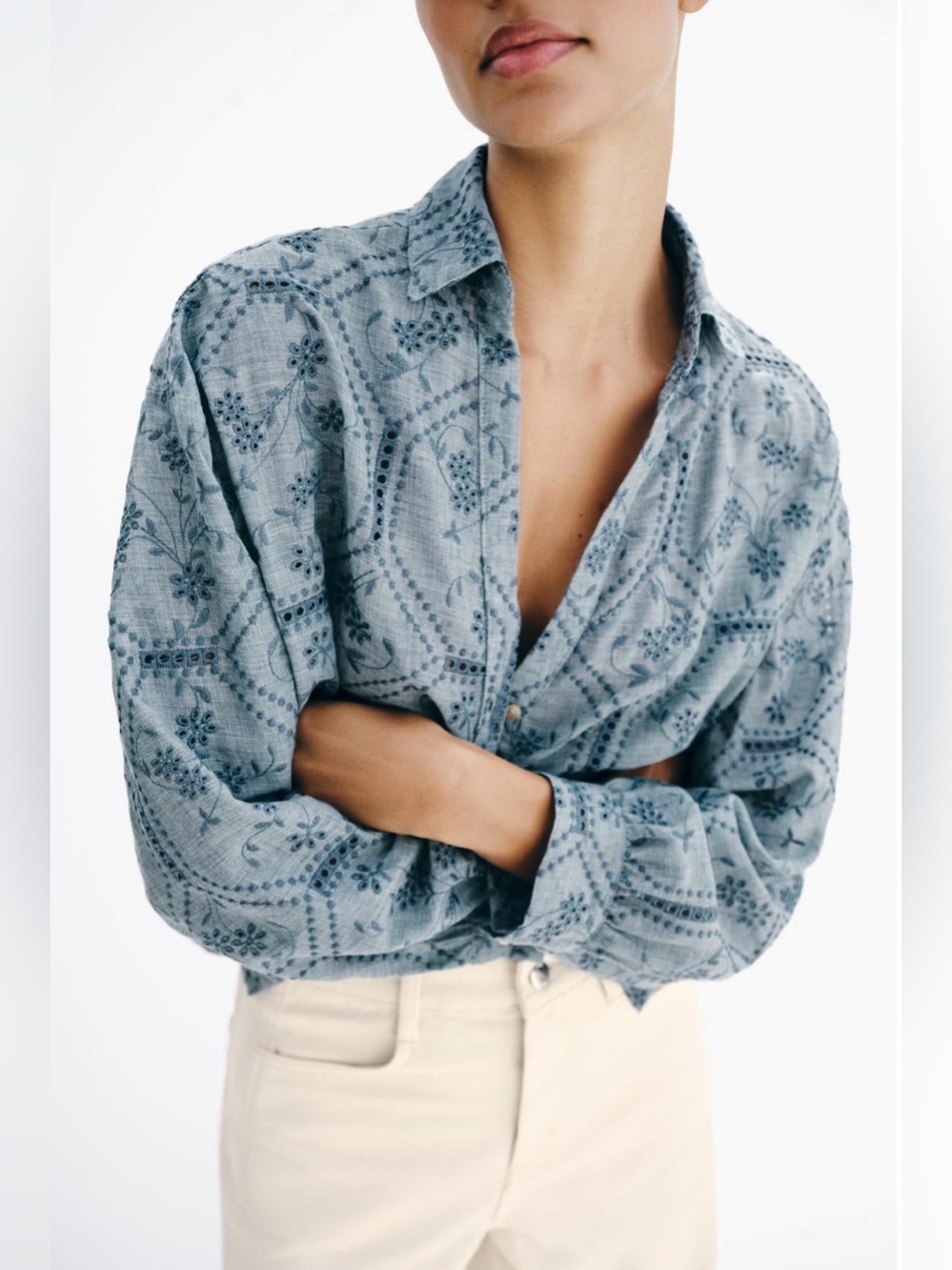 Zara Boho Embroidered V-Neck Button Front Top NWT Blue M